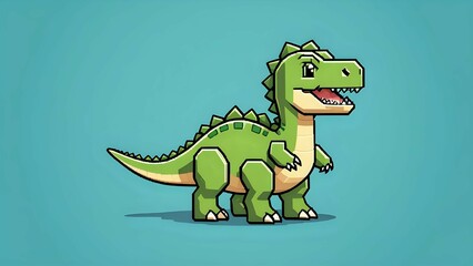 Obraz premium Adorable pixel art baby T-Rex dinosaur illustration, perfect for kids' projects, games, or branding. Green dinosaur on teal background.