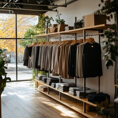 Cozy clothing store display with natural light and vibrant autumn foliage outside