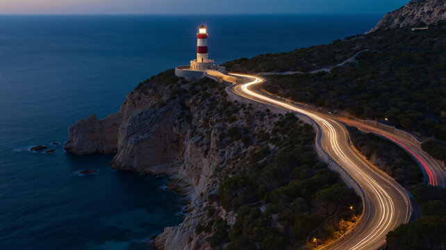 A lighthouse with red and white stripes stands on a rocky cliff by the sea at dusk.
