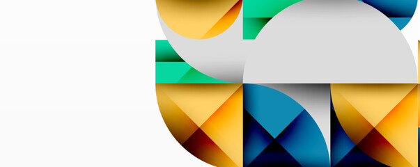 Abstract geometric shapes, vibrant colors, white space. Modern design, overlapping layers, dynamic composition. Clean lines, visual harmony.