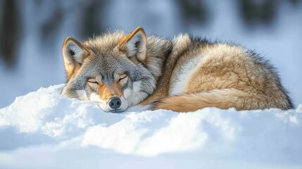 Coyote resting peacefully curled up in deep snow