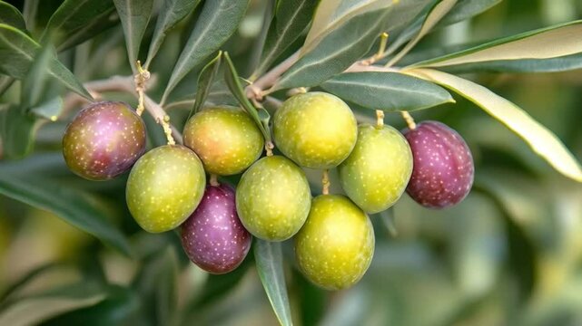 Olive branch with ripe green and purple olives on a blurred background