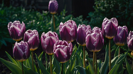 A cluster of vibrant purple tulips with delicate, ruffled petals stands out against lush green leaves.
