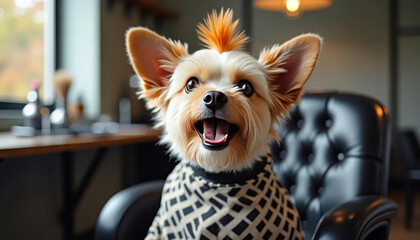  Funny surprised dog with stylish Mohawk hairstyle in dog grooming salon. Pet care and grooming	