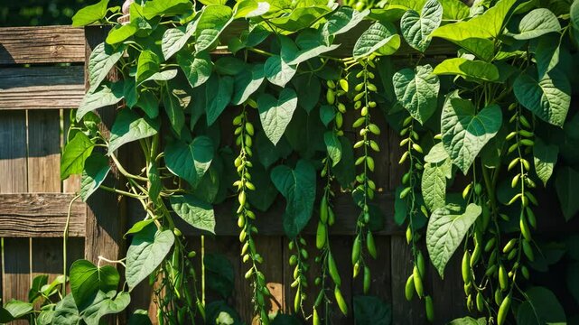 Firestorm runner beans climbing up a garden fence.