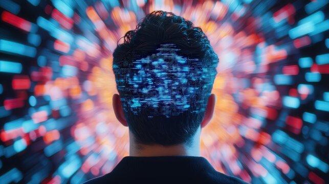 A person with a digital, pixelated brain is surrounded by vibrant, colorful lights, creating a sense of motion and technological innovation.