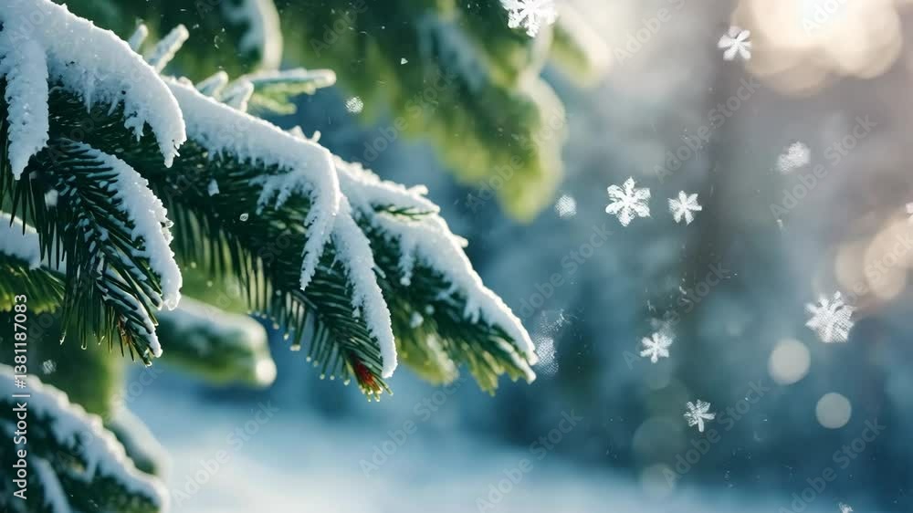 Poster first snow. closeup of a fir tree branch blanketed in snow. intense frosts. enchanting light and vib