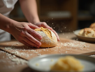 Baker with freshly baked bread. Bakery background