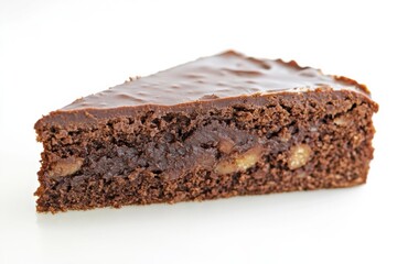 Rich chocolate walnut cake slice on white background