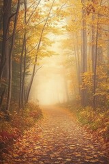 Obraz premium Misty Autumn Forest Path with Golden Leaves