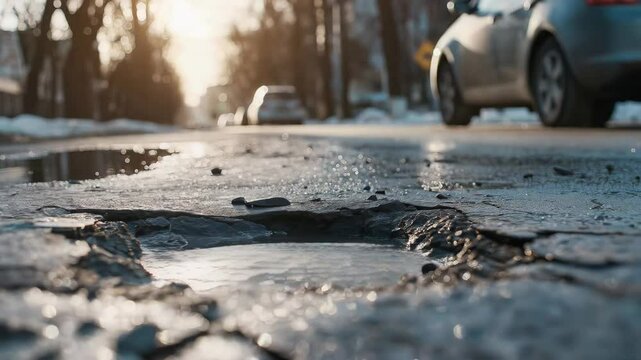 Worn leather boot stepping through water filled road pothole, revealing urban street deterioration under warm sunset glow, highlighting infrastructure wear
