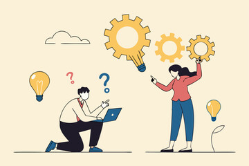 Question and answer, FAQ frequently asked questions, asking and reply to solve problem, help information, solution or q and a session concept, business people with question mark and lightbulb bubble.