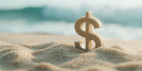 A dollar symbol on the sand of a tropical coastal beach. Creative concept of summer tour price hike, travel prices, Holiday vacation budget planning