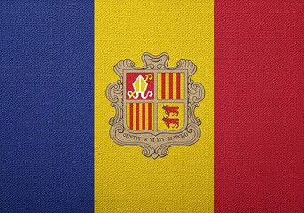 Andorra Flag National Emblem, Coat of Arms, Colors, Symbol, Vertical Stripes, European Country, Textured Fabric.