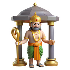 A 3D Indian brave holding a golden sword, surrounded by lanterns, fire, and metal objects, depicting a character with equipment in a construction setting