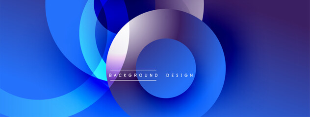 Abstract blue design. Overlapping circles create dynamic visual effect. Gradient shades add depth. Modern aesthetic for digital backgrounds.
