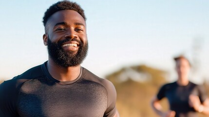 A smiling man with a beard in athletic clothing, enjoying a sunny outdoor environment, showcasing a fit and active lifestyle.