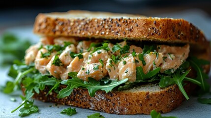 Grain bread sandwich filled with salmon, greens, and herbs close-up