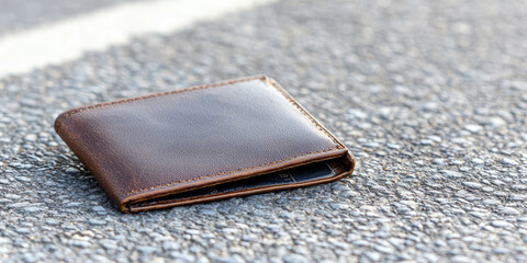 A lost leather wallet lies on a city street road. Lost items bureau