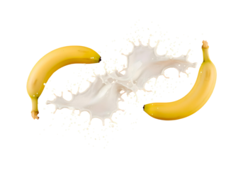 A vibrant, high-speed photograph captures two bunches of bananas colliding amidst a splash of white liquid, likely milk