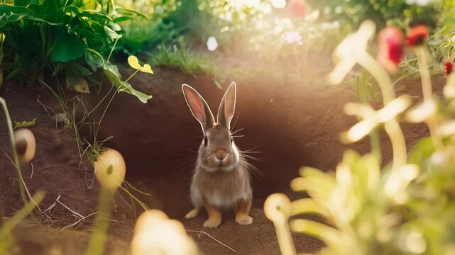 Brown rabbit poking head from underground den, soft fur gleaming amid spring blossoms, delicate whiskers sensing warm sunlight