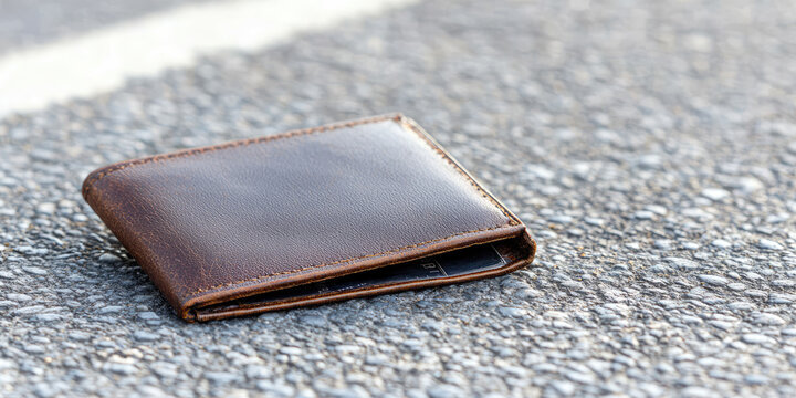 A lost leather wallet lies on a city street road. Lost items bureau