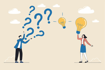 Question and answer, FAQ frequently asked questions, asking and reply to solve problem, help information, solution or q and a session concept, business people with question mark and lightbulb bubble.