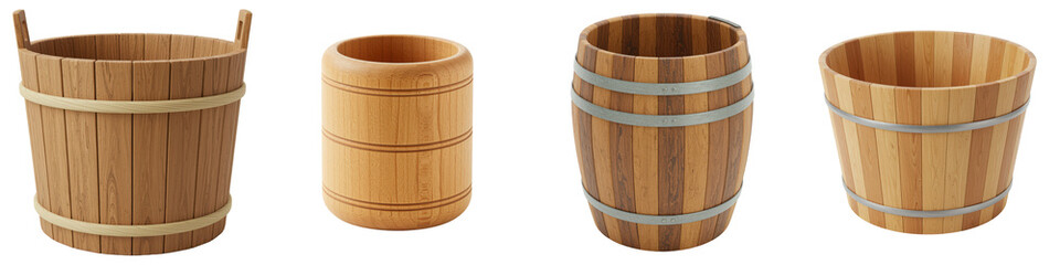 Obraz premium Four wooden buckets and tubs with varied construction.