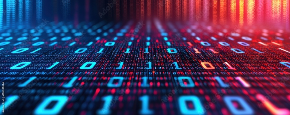 Aufkleber a vibrant digital landscape of binary code, showcasing a blend of blue and red hues, symbolizing tec