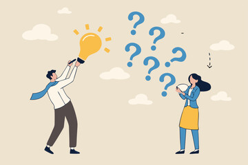 Question and answer, FAQ frequently asked questions, asking and reply to solve problem, help information, solution or q and a session concept, business people with question mark and lightbulb bubble.