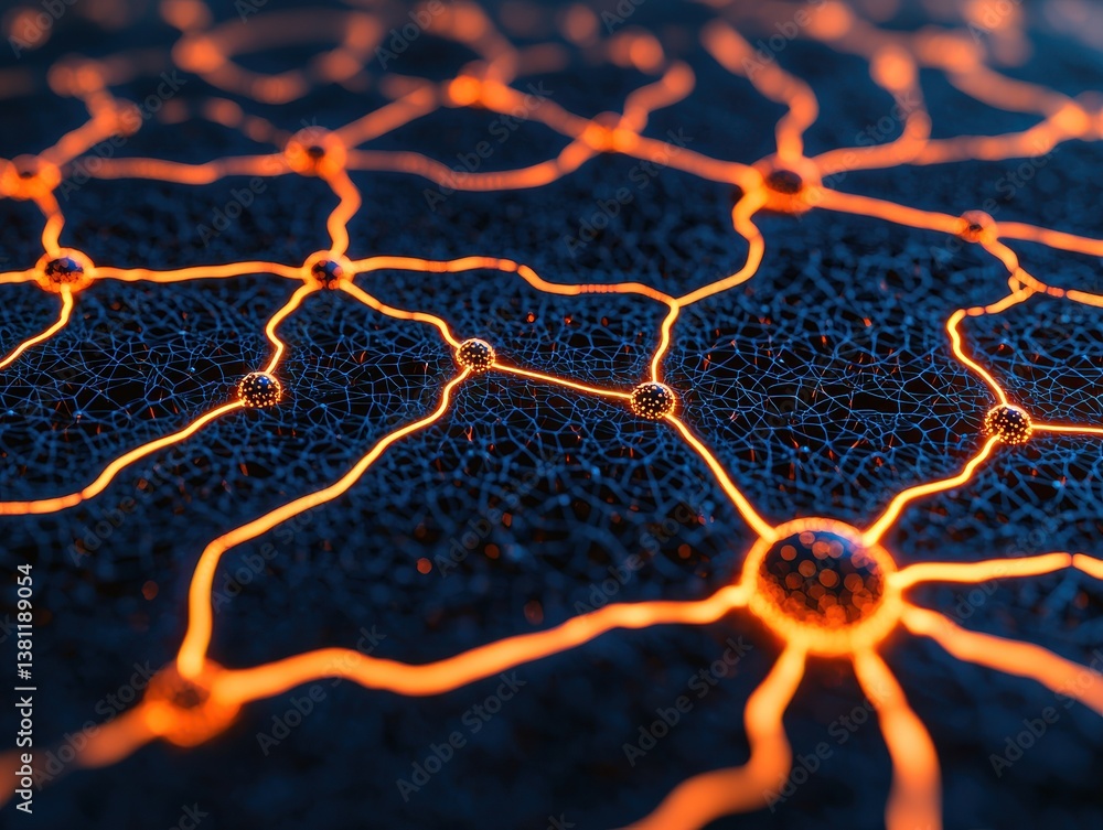 Poster an abstract digital network with glowing orange lines and nodes, depicting connectivity and technolo