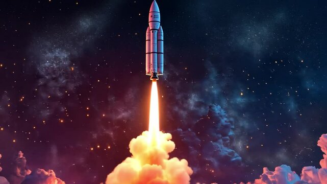 Rocket Ascent: A powerful rocket streaks skyward, leaving a trail of fire and smoke as it pierces the twilight sky and disappears into the expanse of the cosmos.