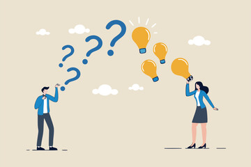 Question and answer, FAQ frequently asked questions, asking and reply to solve problem, help information, solution or q and a session concept, business people with question mark and lightbulb bubble.