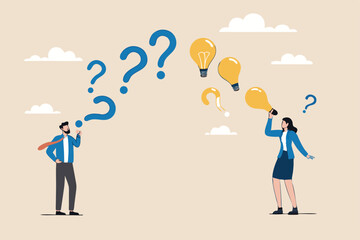 Question and answer, FAQ frequently asked questions, asking and reply to solve problem, help information, solution or q and a session concept, business people with question mark and lightbulb bubble.