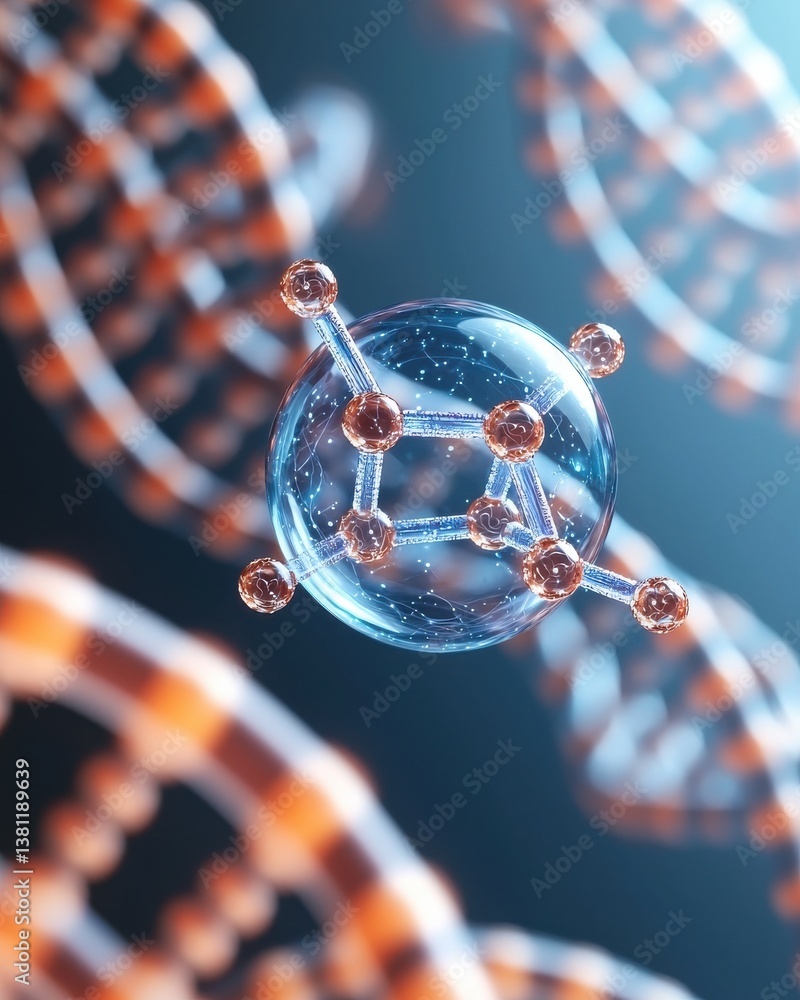 Poster a close-up view of a molecular structure with dna strands in the background, showcasing the intricat