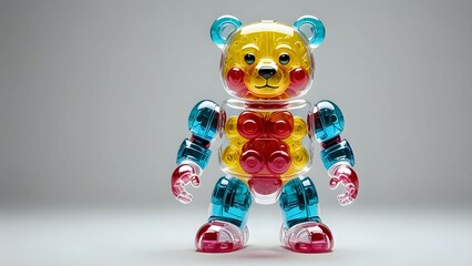 Fototapeta premium Colorful transparent robot teddy bear toy, vibrant design, studio shot.