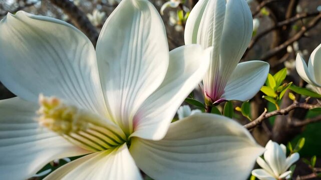 Star-White Magnolia Tree in bloom within the garden. Close-up.