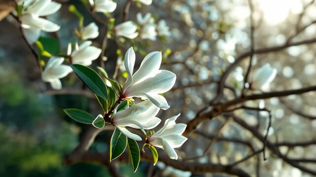 Flowering Star-White Magnolia Tree in the garden. Zoomed in.