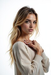 A woman with long blonde hair wearing a beige sweater