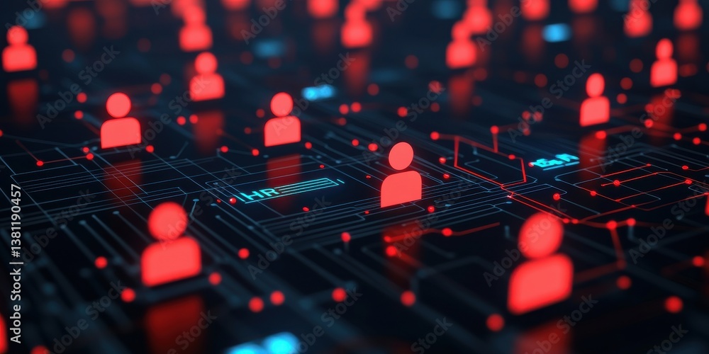 Poster a digital representation of interconnected people, depicted with red icons on a dark grid background