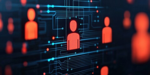 Abstract digital representation of people, with vibrant red silhouettes set against a network of blue circuitry, symbolizing technology and connectivity.