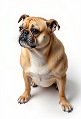 Obraz premium A brown and white dog sitting on a white surface