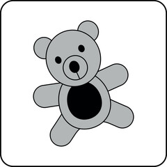 Minimalistic teddy bear illustration in black and grey, designed in a clean cartoon style. This cute stuffed animal is perfect for topics related to childhood, baby care, toys, and nursery themes.