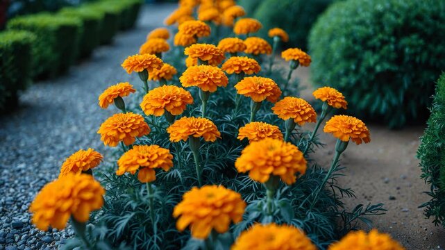 Marigolds in a flower bed. Enhancing the urban environment. Background with selective focus and space for text.