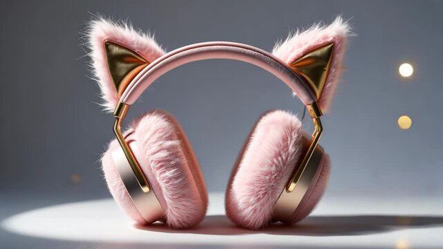 Fluffy pink ear muffs featuring a cute cat ear design against a white backdrop.
