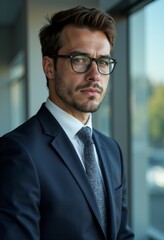 Fototapeta premium A man in a suit and tie standing by a window