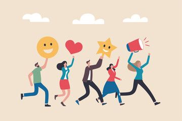Social media customer feedback review, employee satisfaction, positive feedback on online ranking, giving high score rating, like or happy opinion concept, people carry social feedback elements.