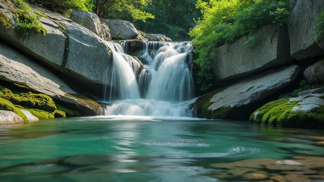Cascading water flows over rocky cliffs, enveloped by vibrant greenery and mossy stones.