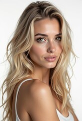 Fototapeta premium A woman with long blonde hair wearing a white tank top