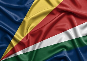 Fototapeta premium Seychelles Flag Close-Up, Silk Fabric Texture, Seychellois Colors, National Symbol for Politics and Travel.